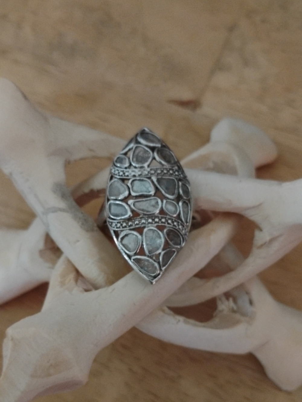 Natural Polki Diamond Marquise Mosaic Ring In 925 Sterling Silver